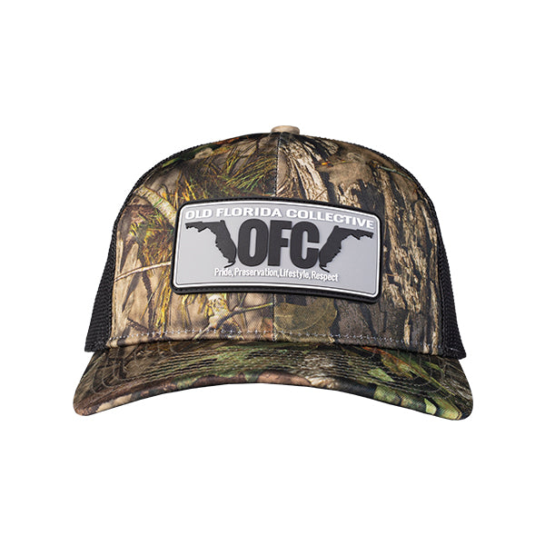 Mossy Oak Camo/Black With Rubber OFC Florida Horns Patch Trucker Hat