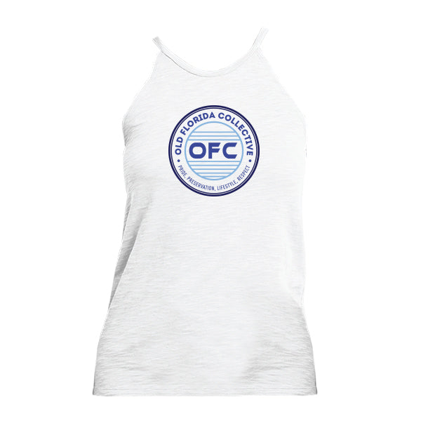 WOMENS WHITE WITH MULTI BLUE OFC LOGO TANK